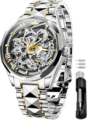 OUPINKE Herren-Skelett-Uhren mechanisch luxuriös automatisch mit Selbstaufzug Saphirglas wasserdicht Wolfram-Stahlband