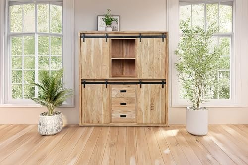 SAM Highboard Lian I | Akazienholz massiv | Farbe: Natur | 150x45x160 cm | 10 Fächer & 3 Schubladen | 4 x Holz-Schiebetüren | Baumkante | Gusseiserne Elemente