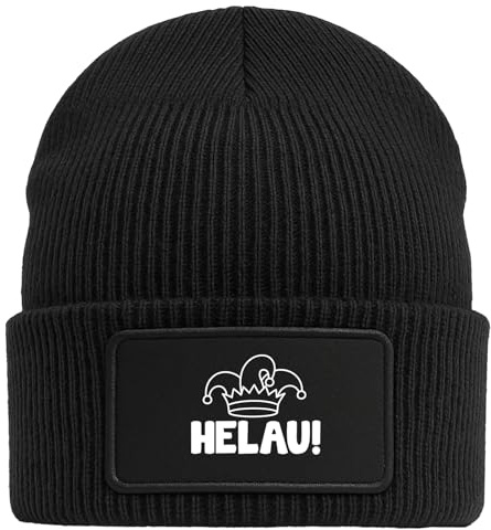 Huuraa Beanie Helau Narrenkappe Geschenk | Black Geschenkidee Schwarze Rippstrick Wintermütze mit austauschbarem Klett Patch