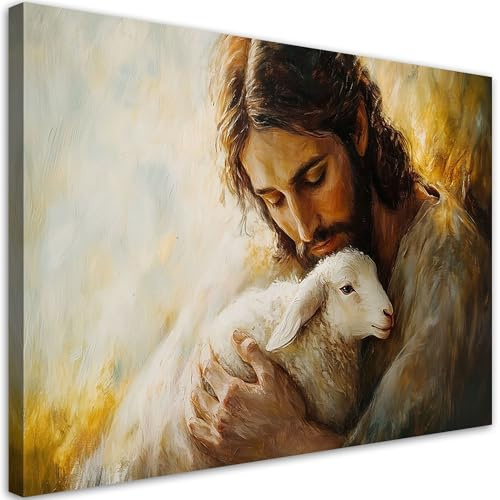 Feeby Leinwandbild - Bilder Wohnzimmer - Jesus Christus mit Lamm - 60x40 1tlg - Deko Schlafzimmer - Wanddekoration - Aesthetic - Groß Moderne Bild - Foto auf Leinwand