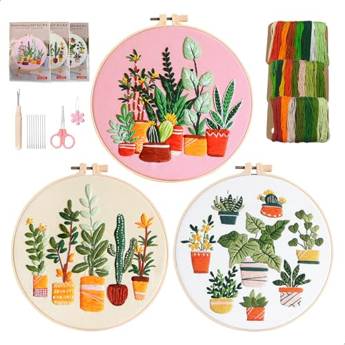 xiruiubao Sticken Set Erwachsene Lernen Stickset für Anfänger 3 Stück Embroidery Kit mit Kunststoff Stickrahmen Anleitung Werkzeug,Grüne Pflanzen Handgemachtes DIY Stick Set