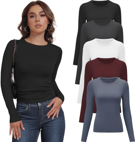 YOIOWVY Langarmshirt Damen Basic-Shirts Figurbetont Rundhals Tees 5Pcs | Atmungsaktive Unterziehshirts.Ideal für Yoga,Büro,Reisen,Dating & Alltag.4-Wege-Stretch,knitterarm & farbecht