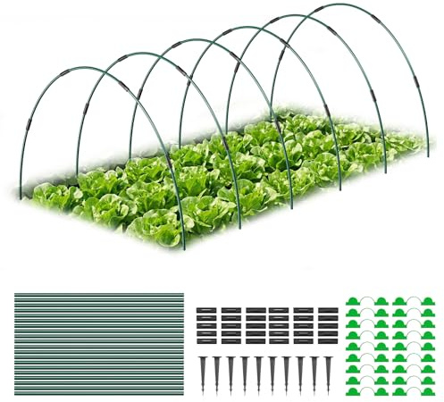 MYMULIKE 30 Stück Folientunnel für Hochbeete, 115 x 85cm | Set aus 6 Glasfaser-Gartenbögen | Anbau-Tunnel mit Klemmen und Pfählen | Pflanzenstütze für Frosttuch, Schattennetz, Vogelschutznetz