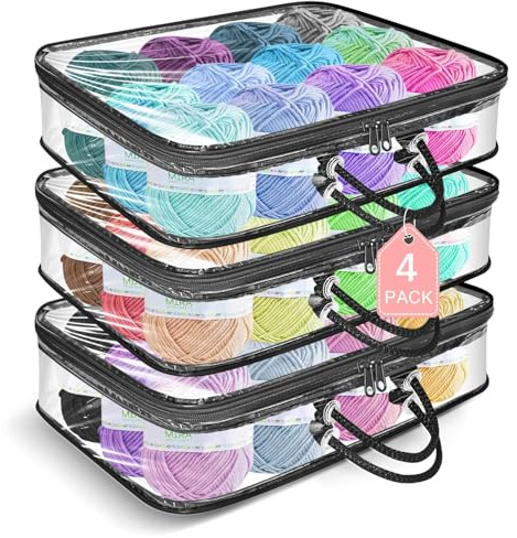 Xygobla 4PCS Clear Yarn Storage Organiser, Portable Yarn Storage Organiser Set with 8 Lables,Dust-Proof Waterproof Wool Storages Knitting Organizers with Handle & Zipper Saving Space for Toys Clothes
