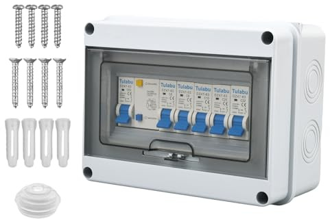 Tulabu 5 Way Consumer Unit Circuit Breaker, IP65 Weatherproof for Garages | Anti-Leakage Fuse Box, 63A 1P+N +6A+6A+10A+20A+32A, Impact resistance and flame retardancy, for Caravans, Outbuildings