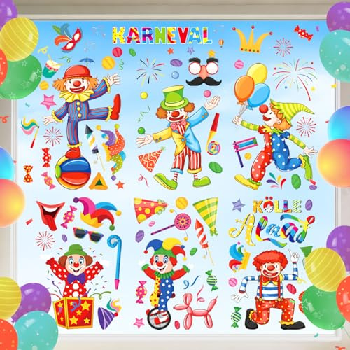 Lets Joy 9 Blat Fensteraufkleber Karneval, Bunt Fensteraufkleber Karneval, Fasching Fenster, Clown Fensterbilder Selbstklebend, Zirkus Deko Cartoon Kinder DIY Fensterdeko Geburtstagsparty (A)