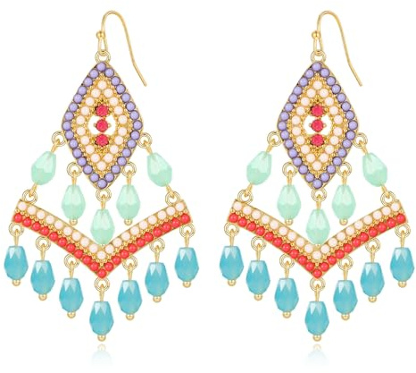 TOVABA Boho Ohrringe Damen Hängend Ohrringe Boho Style, Bunte Perlen und Kristalle für Damen, Allergiefrei und Langlebig