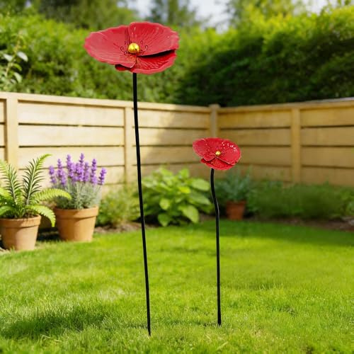 WRQIOO 2 Stück Gartenstecker Blume, Gartenstecker Metall, Metall Blumen für den Außenbereich, Gartendekorationen für Frühling und Sommer, Rot