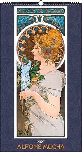 Alfons Mucha 2027: Kunstkalender 33x60 cm mit Jugendstil-Motiven und Glitzereffekt und sprachneutralem Kalendarium