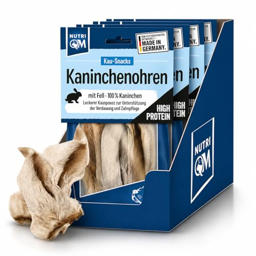 NutriQM Naturals Kaninchenohren mit Fell für Hunde – 4 x 40 g - Luftgetrockneter Kausnack ohne Zusatzstoffe - Getreidefreier Hunde Snack - Natürliche Beschäftigung für Hund - Made in Germany
