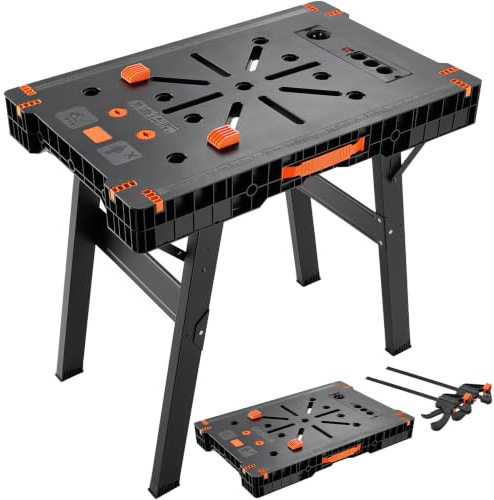TLGREEN 2er Set Klappbare Werkbank, Tragbare Arbeitstisch mit 4 F-Zwingen | Kombinierbare Werktisch mit Steckdose, 680kg Kombiniert, für Werkstatt, Garage, Baustelle, für Heimwerker & DIY-Projekte