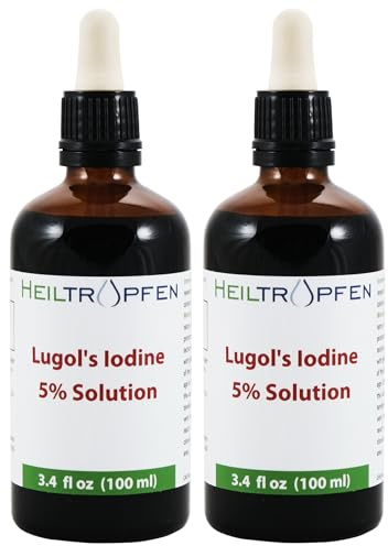 2X 100 ml Lugolsche Lösung 5% Jodlösung | Inhaltsstoffe in pharmazeutischer Qualität | 15% Lugols Liquid Formulierung | 5 Prozent elementares Jod und 10% Kaliumjodid | Braunglas Pipette | Heiltropfen®