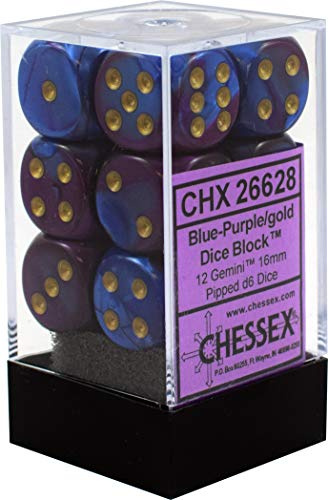 Chessex Gemini 16mm d6 with pips Dice Blocks (12 Dice) - Blue-Purple w/Gold