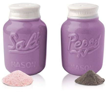 Vintage Mason Jar Salt & Pepper Shakers by Comfify - Adorable Decorative Mason Jar Decor for Vintage, Rustic, Shabby Chic - Sturdy Ceramic in Purple - 100 ml Cap.