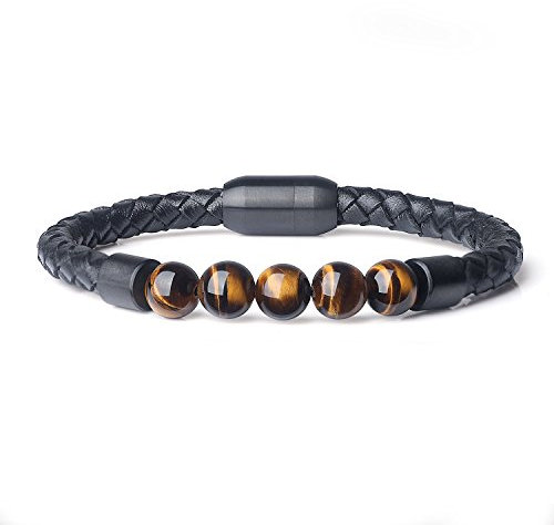 COAI Bracelet Tressé Cordon en Cuir Pierres Véritables Œil de Tigre Homme 20cm