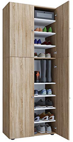 VCM Holz-Schuhschrank | Maße: B. 70 x H. 184 x T. 40 cm | Allzweckschrank | 9 Fächer | 4 Drehtüren - Lona Sonoma-Eiche