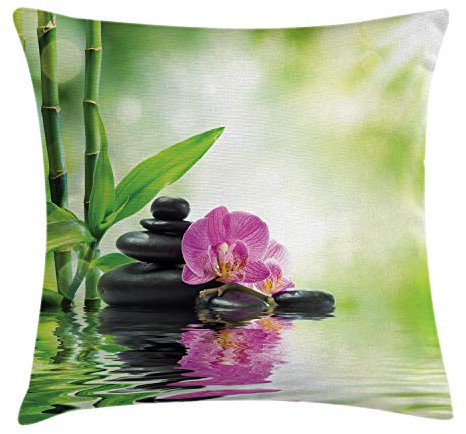 ABAKUHAUS Spa Kissenbezug, Orchideen Rock Wasser, Kissenbezug Beidseitiges Muster Klarer Digitaldruck Farbfest mit Reißverschluss, 45 x 45 cm, Schwarz Grün Rosa