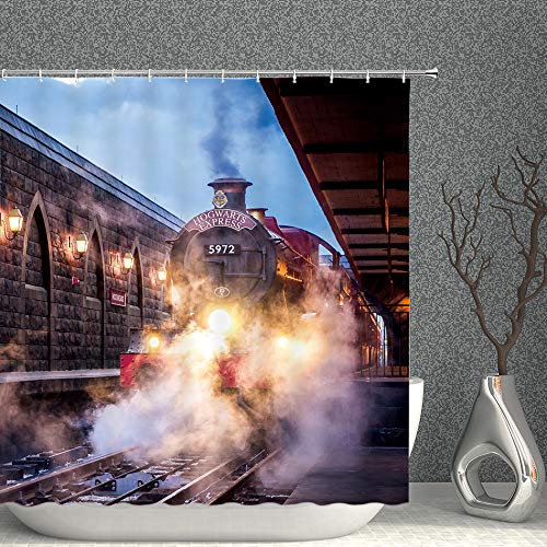 AMNYSF Steam Engine Shower Curtain Vintage Train Magic Platform Decor Fabric Bathroom Curtains,Waterproof Polyester with Hooks 70x70 Inch