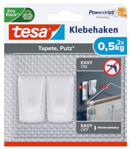 tesa Klebehaken Tapeten & Putz - selbstklebender Haken - ideal zur Befestigung von Girlanden & Lichterketten - hält bis zu 0,5kg/Haken - spurlos ablösbar