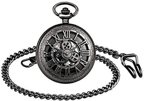 MICGIGI-Unisex Taschenuhr mit Kette Analog Handaufzug Retro Gang Hohlen Mechanische Taschenuhren Schwarz
