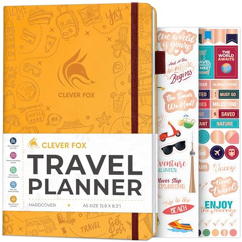 Clever Fox resedagbok – semesterplanerare med budgetplan, förpackningslista, utgiftsspårare och resedagbok – reseplanerare för kvinnor, män och par – A5-storlek, bärnstensgul