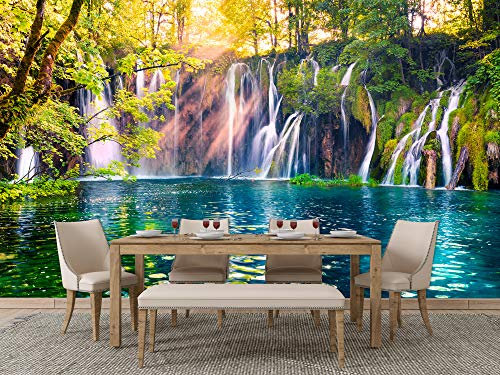 Oedim Fotomural Vinilo para Pared Bosque Verde con Lago Azul | Mural | Fotomural Vinilo Decorativo | 100 x 70 cm | Decoración comedores, Salones, Habitaciones