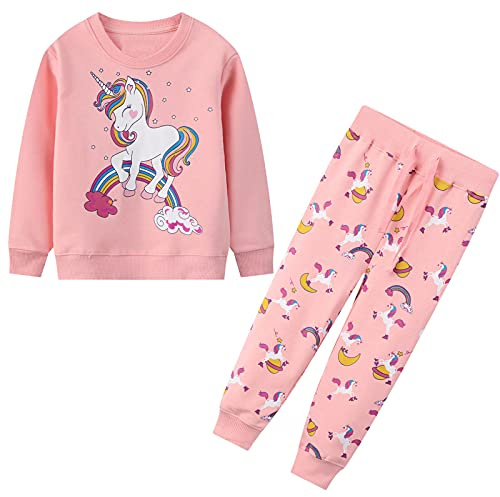 JinBei Deportivos Conjunto para Niña Chándales Unicornio Rosa Arcoíris Sudaderas Algodon Casual Manga Larga Sweater Pantalones 2 Piezas Ajustable Cinturón Otoño Invierno Trajes Ropa 5-6 Años