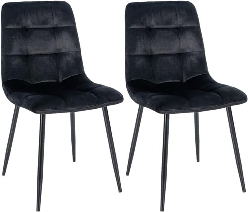 CLP 2er Set Esszimmerstuhl Tilde, Küchenstühle gepolstert mit gestepptem Bezug, Polsterstühle mit Metallgestell, bis 150 kg belastbar, Farbe:schwarz, Material:Samt
