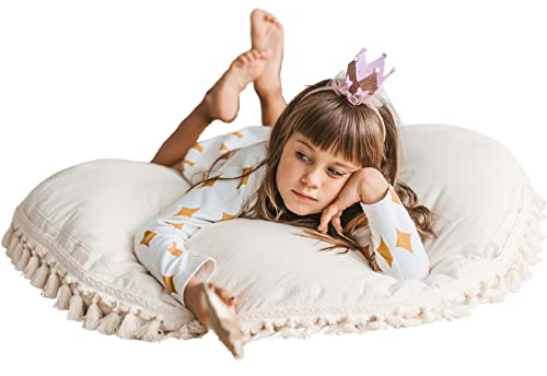 MINICAMP Bodenkissen für Kinder Rund Groß, Baumwolle, Quasten-Besatz, Ecru | Ø100cm, 100% OEKO-TEX-zertifizierte Baumwolle, abnehmbarer waschbarer Bezug, behält seine Form, ab 3 Jahren