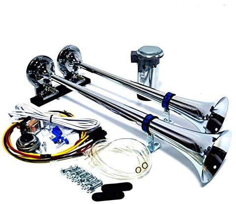 YIYDA Klaxon Pneumatique 12V Argent 165db - Support de Bande Pour Camion - Corne de Trompette à Double Tube en Chrome Zinc - Pompe à Air Pour Bateau et Autres Véhicules