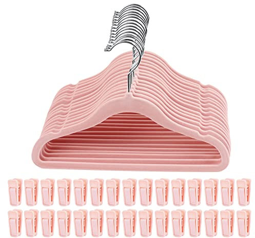 HOUISM Lot de 15 Cintres Antidérapants en Velours Rose Avec 30 Pinces à Doigts - Ultra Fins pour Économiser de l'Espace - pour Ensembles de Vêtements et Enfants