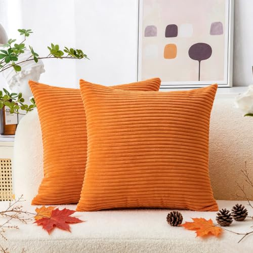 Home Brilliant Herbst Kissenbezüge Orange für Bett Sofa, Weicher Cord Kissenbezug für Sofakissen, Wurf Kissenbezüge 2er Set 60 cm x 60 cm(60 x 60 cm, Orange)