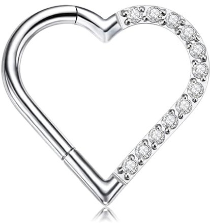 FINE4U Heart Daith Piercing-Schmuck, 16G, 8 mm, 10 mm, linkes Ohr – ASTM F136 Titan Clicker Daith Ohrringe für Damen und Herren, 16G(1.2mm), 5/16(8mm), Zirkonia, Titan, Zirkonia
