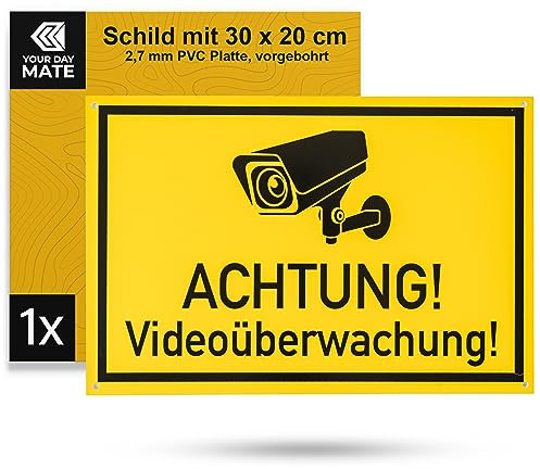 Hinweisschild Achtung! Videoüberwachung!, 1 Stück, 30 x 20 cm, 2,7 mm starkes PVC Schild mit Bohrlöchern, Video Überwachung Schilder für Innen- und Außenbereich, Kameraüberwachung Schild Grundstück