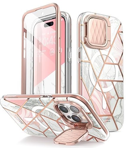 i-Blason Cosmo Schutzhülle für iPhone 15 Pro, mit Standfunktion, kompatibel mit MagSafe, integrierter Displayschutz, 360° Rundumschutz, magnetische Handyhülle für iPhone 15 Pro (2023), Marmor