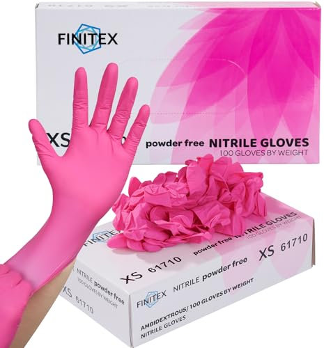 FINITEX Pink Nitrile Disposable Latex Free Gloves - 3.5mil 100PCS/Box Latex Free Powder Free 9inch Gloves Guantes de Nitrilo Cleaning Medical Exam Food Cooking Gloves(100, X-Small)