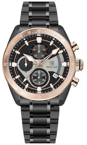 Herren Uhr Uhren BENYAR Quarz-Chronographenwerk 42MM Zifferblatt Analoguhr Aus Edelstahl Wasserdicht Uhr Geschenk für Männer BY-5201M (Roségoldgrau)