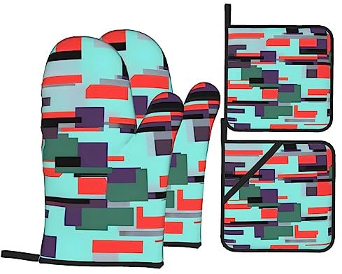 Striped Combination Oven Mitt and Pan Cover Set, 4 Piece Set for Kitchen Cooking, Baking and Microwave, Kitchen Accessories.