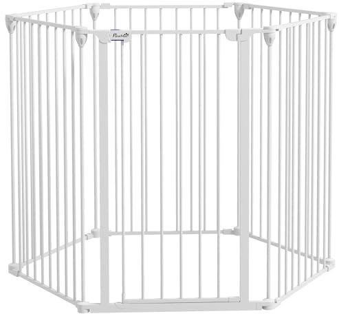 PawHut Cancellino per Cani Taglia Media e Grande Pieghevole con Doppia Chiusura di Sicurezza, Cancelletto di Sicurezza Modulabile in Metallo e Plastica, 123x102x100 cm, Bianco