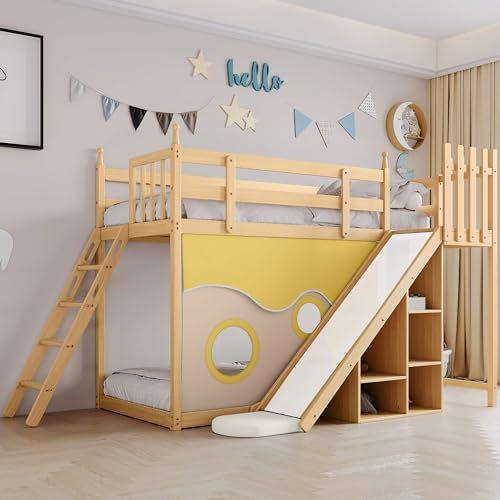 HYUB Kinderbett, Etagenbett mit Rausfallschutz und Rutsche, Vielseitiges Hochbett mit Treppe und Clevere Regale, Bettrahmen und Lattenrost aus Stabiler Kiefernholz, für Kinder und Jugendliche, Natur