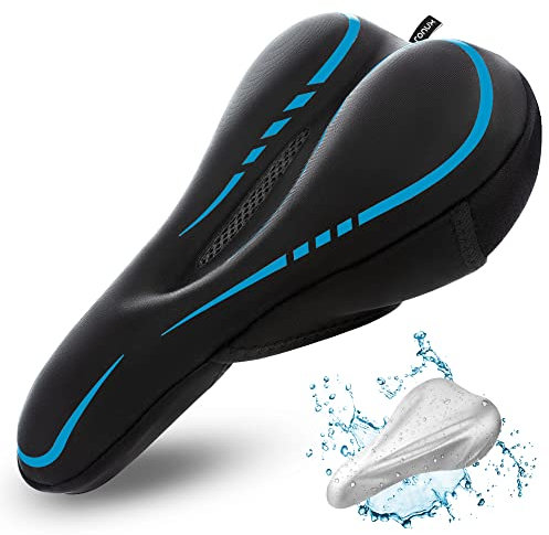 RONUX Narrow Bike Seat Cushion, Memory Foam & Gel Extra Comfort Pad Bicycle Saddle Cushions, Exercise Road Peloton Mountain Bikes Comfy Cycling Accessories, Women Men, Waterproof Rain Cover (Blue)