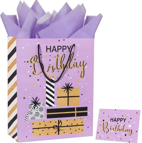 12.6 Large Purple Gift Bag with Tissue Paper,Happy Birthday Gift Card for Girl Women's Birthdays
