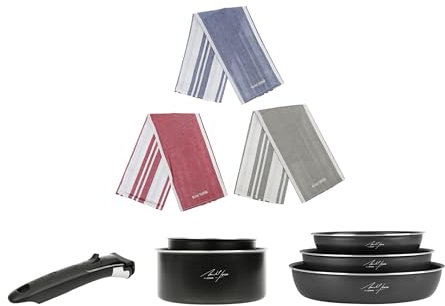 Sitram 716908 Batterie de cuisine 6 pcs Aluminium noir : manche amovible, 3 Poêles Ø20,24,28 cm, 2 Casseroles Ø16,20 cm - Revêtement sans PFOA - Tous feux dont induction - 3 Torchons offerts