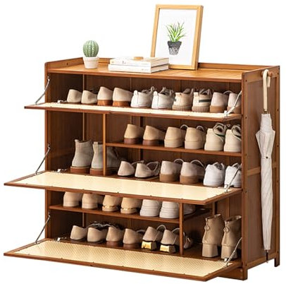 Bambus Schuhschrank mit Klappen, Schuhkipper Schuhschrank mit 2 Haken, Schuhregal Schrank für Flur Wohnzimmer, Eingangsbereich, Breite 33cm