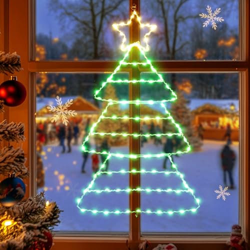 Quntis Christmas Window Lights Battery Powered 143 LED Christmas Tree Window Lights Timer 8 Modes Folding Ladder Lights Decorative Lights for Wall Window Xmas Tree Garden Home Indoor Outdoor