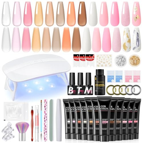 COSCELIA Poly Nail Extension Gel Kit, Kit Ongle Gel UV Complet avec Lampe, 12 Couleurs Poly Nail Extension Gel 10ML, Kit de Manucure pour Débutant