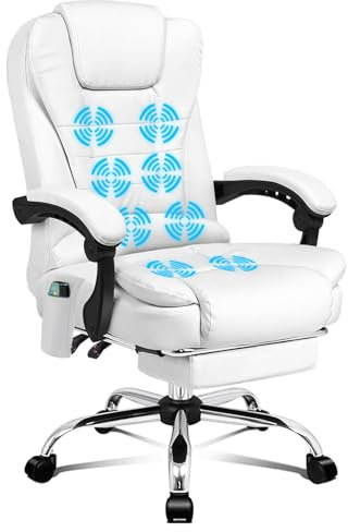 ALFORDSON Silla de Oficina Ejecutiva, Silla de Oficina de Masaje con Respaldo de Palanca, Silla de Escritorio Ergonómica con Gran Acolchado, Sillón, Silla Giratoria, Cuero PU, Blanco