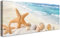 Cadre en bois Impression sur Toile Plage de sable côtière Peinture Poster Mural Étoile de mer debout Coquillage Image sur Toile Grandes Tableau Decoration Murale Salon Chambre Restaurant 50x120cm