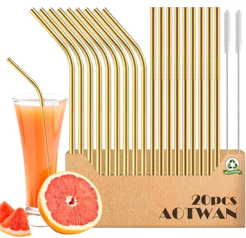 AOTWAN Strohhalme Edelstahl Trinkhalme Edelstahl Golden Metall Strohhalm Wiederverwendbar Enthalten 9 Gerade +9 Gebogen +2 Reinigungsbürsten Edelstahl Strohhalm für Cocktails, Smoothie