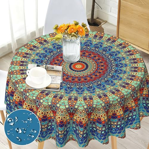 Tischdecke Rund 180 Abwaschbar Boho Style Mandala Runde Tischdecke für Draußen Polyester Outdoor Wetterfest Gartentischdecke für Küche Garten Gartentisch Esstisch Couchtisch Party